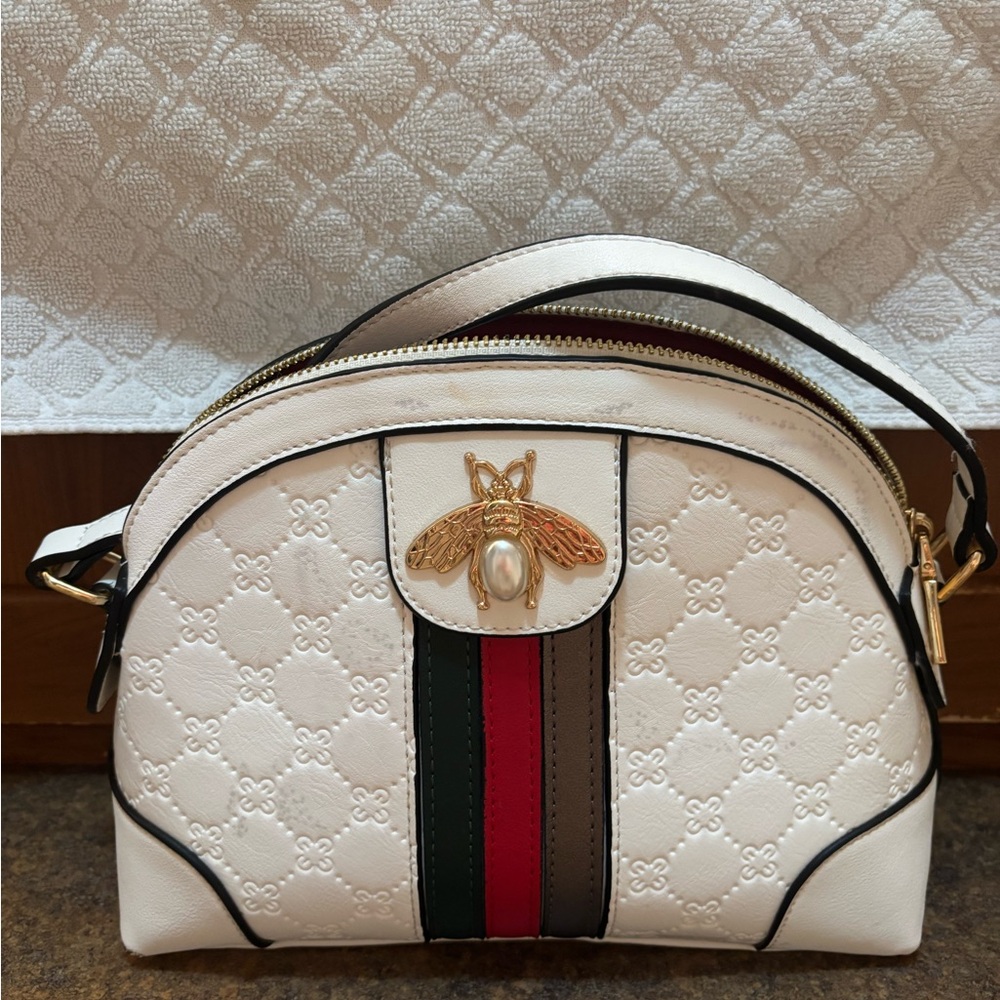 Stylish Red and White Crossbody Bag with Designer Pattern and Bee Embroidered